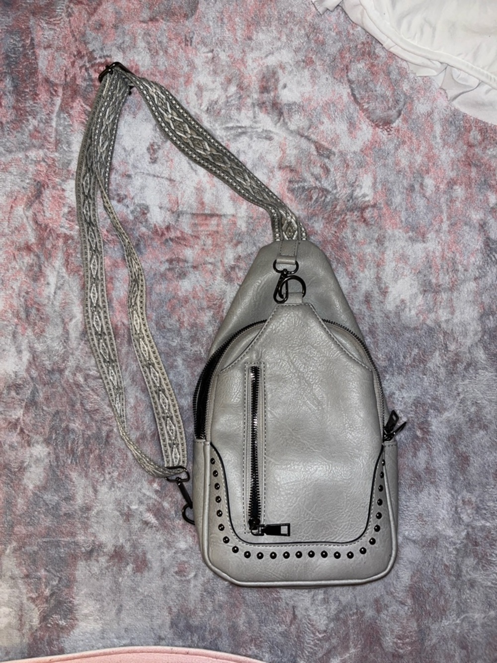 Gray Studded Leatherette Crossbody Sling Bag - Unbranded